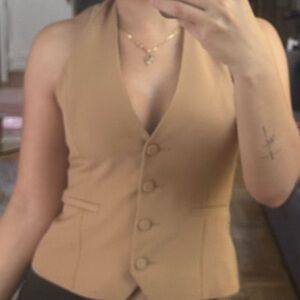 Zara Camel Button-Up Sleeveless Blouse